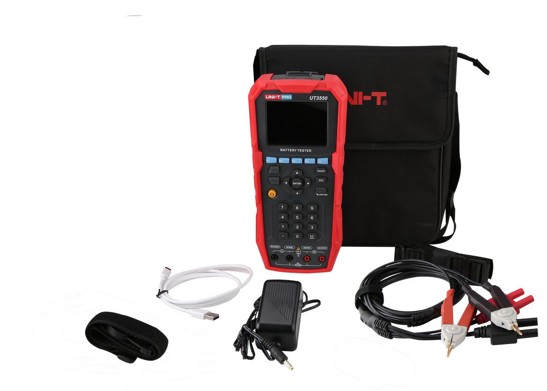UNI-T UT3550 Handheld Battery Tester – Internal Resistance & Voltage - with a red and black case, keypad, and display, shown with a black carrying bag, power adapter, cables, and strap.