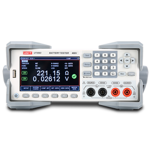UNI-T UT3562 Battery Tester – Internal Resistance & Voltage Analyzer up to 100V, µΩ–kΩ, 4.3" TFT, Comparator, RS-232 / USB / Handler - a grey benchtop unit with a 4.3-inch display, numeric keypad, function buttons, and four input terminals on the front.