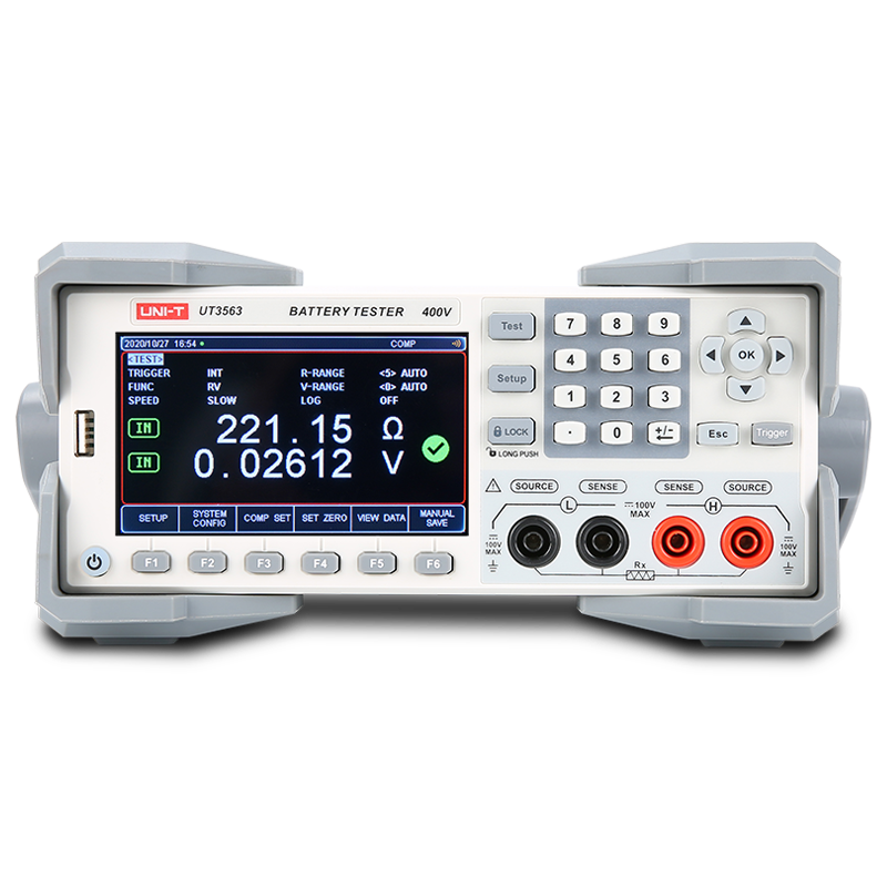 UNI-T UT3562 Battery Tester – Internal Resistance & Voltage Analyzer up to 100V, µΩ–kΩ, 4.3" TFT, Comparator, RS-232 / USB / Handler - a grey benchtop unit with a 4.3-inch display, numeric keypad, function buttons, and four input terminals on the front.