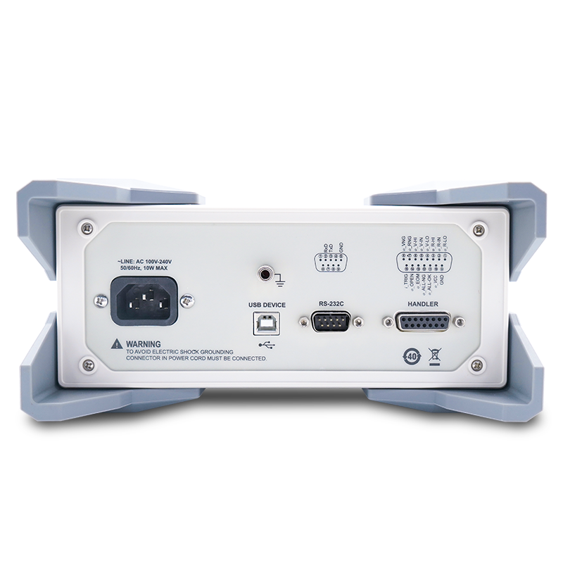 UNI-T UT3562 Battery Tester – Internal Resistance & Voltage Analyzer up to 100V, µΩ–kΩ, 4.3" TFT, Comparator, RS-232 / USB / Handler - rear view showing the power input, USB device port, RS-232 port, and Handler interface connector on a light grey housing.
