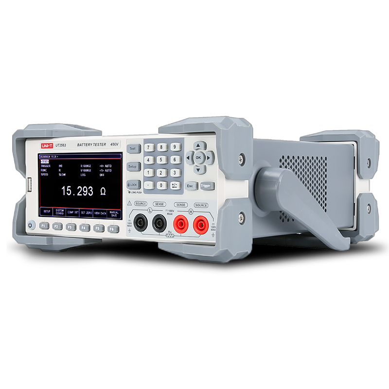 UNI-T UT3562 Battery Tester – Internal Resistance & Voltage Analyzer up to 100V, µΩ–kΩ, 4.3" TFT, Comparator, RS-232 / USB / Handler - grey protective frame, featuring a front display showing 15.293 Ω, a keypad, function buttons, and four input terminals.