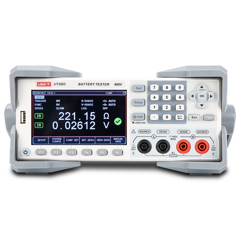 UNI-T UT3563 Battery Tester – Internal Resistance & Voltage Analyzer up to 400V, µΩ–kΩ, 4.3" TFT, Comparator, RS-232 / USB / Handler - a grey, rectangular benchtop device with a 4.3-inch display, keypad, function buttons, and four front input terminals.