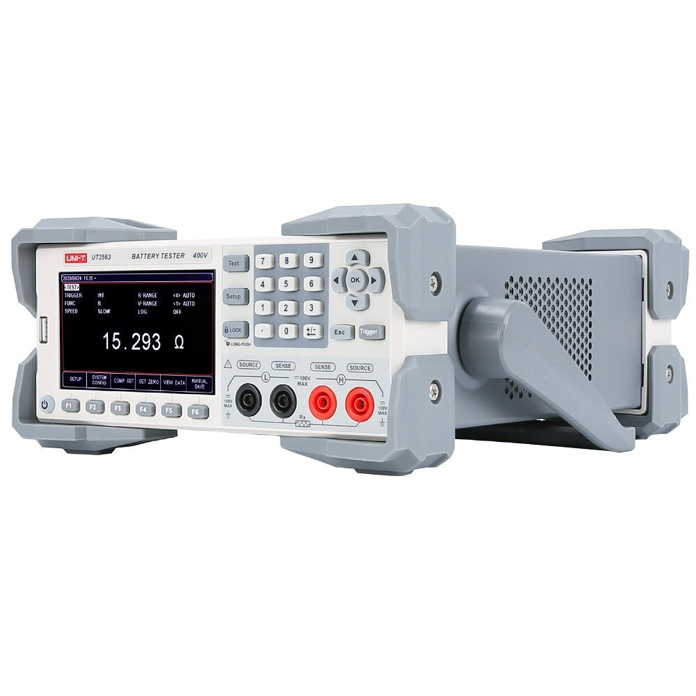 UNI-T UT3563 Battery Tester – Internal Resistance & Voltage Analyzer up to 400V, µΩ–kΩ, 4.3" TFT, Comparator, RS-232 / USB / Handler - a grey benchtop device with a 4.3-inch screen displaying 15.293 Ω, a keypad, and four front-panel input terminals.