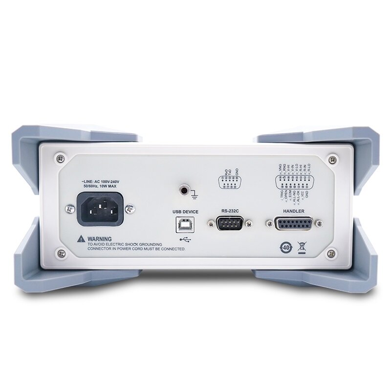 UNI-T UT3563 Battery Tester – Internal Resistance & Voltage Analyzer up to 400V, µΩ–kΩ, 4.3" TFT, Comparator, RS-232 / USB / Handler - a power input, USB device port, RS-232C port, handler interface, and a grounding terminal.