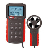 UNI-T UT361 Vane Anemometer – Wind Speed 2~30 m/s, Air Flow CFM/CMM, Temperature 0~40°C, 2044-Set Data Logging, 7 Units, Backlit LCD - a red and grey handheld unit with a keypad, a connected fan sensor, and a digital display reading 34.50 and 00.00.