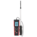 UNI-T UT362H Hot Wire Anemometer – Air Velocity 0–30 m/s, Air Flow / Volume, Temperature, 120 cm Flexible Probe, HVAC Duct Wind Meter, 99-Set Memory - with a red and black handheld display showing 5.00 m/s and 23.6°C, connected to a long, silver telescopic probe.