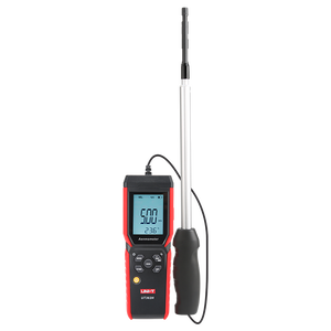 UNI-T UT362H Hot Wire Anemometer – Air Velocity 0–30 m/s, Air Flow / Volume, Temperature, 120 cm Flexible Probe, HVAC Duct Wind Meter, 99-Set Memory - with a red and black handheld display showing 5.00 m/s and 23.6°C, connected to a long, silver telescopic probe.