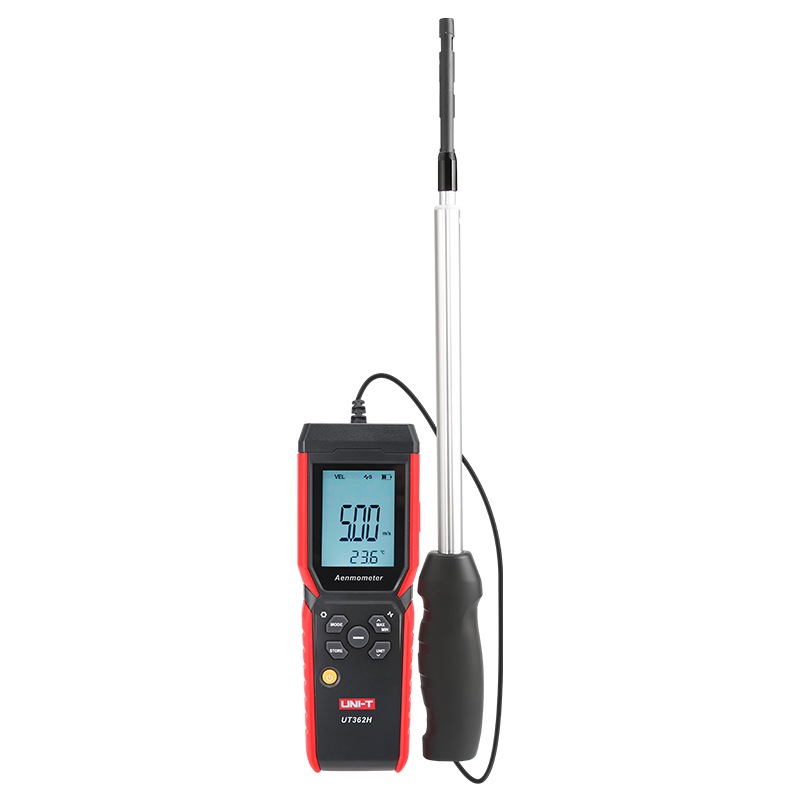 UNI-T UT362H Hot Wire Anemometer – Air Velocity 0–30 m/s, Air Flow / Volume, Temperature, 120 cm Flexible Probe, HVAC Duct Wind Meter, 99-Set Memory - with a red and black handheld display showing 5.00 m/s and 23.6°C, connected to a long, silver telescopic probe.