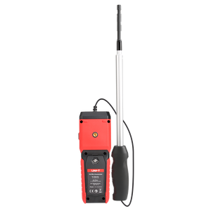 UNI-T UT362H Hot Wire Anemometer – Air Velocity 0–30 m/s, Air Flow / Volume, Temperature, 120 cm Flexible Probe, HVAC Duct Wind Meter, 99-Set Memory - the red handheld unit with a rear label and a black handle connected to a long, silver telescopic probe.