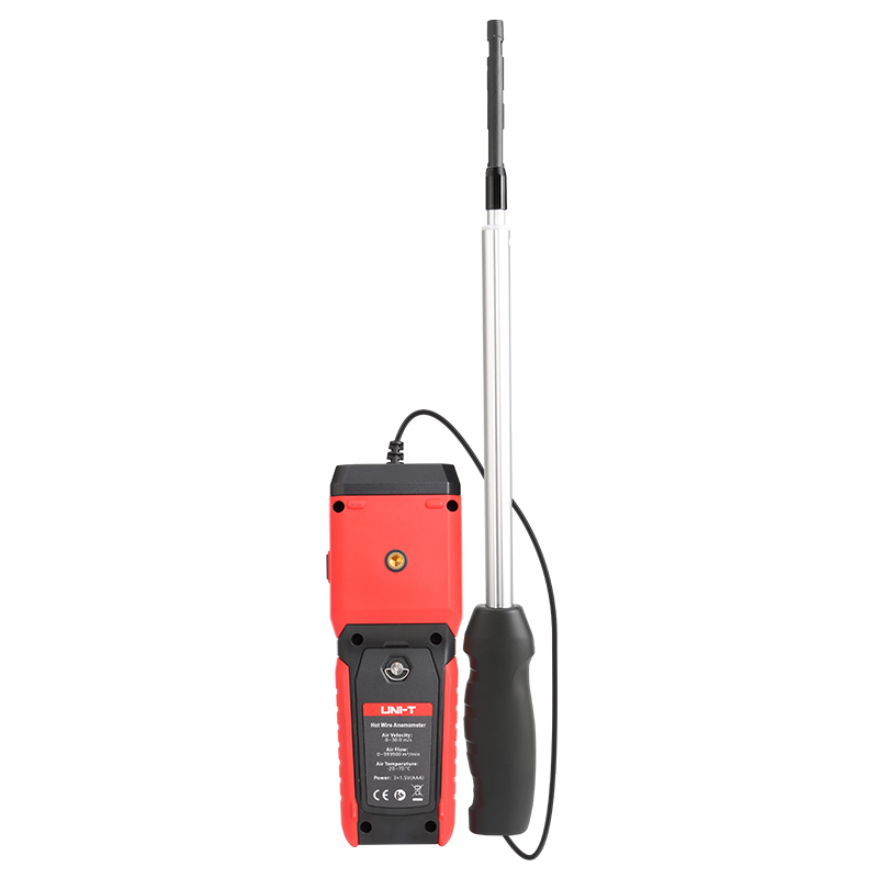 UNI-T UT362H Hot Wire Anemometer – Air Velocity 0–30 m/s, Air Flow / Volume, Temperature, 120 cm Flexible Probe, HVAC Duct Wind Meter, 99-Set Memory - the red handheld unit with a rear label and a black handle connected to a long, silver telescopic probe.