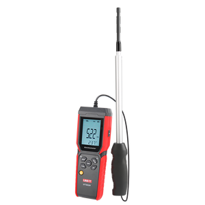 UNI-T UT362H Hot Wire Anemometer – Air Velocity 0–30 m/s, Air Flow / Volume, Temperature, 120 cm Flexible Probe, HVAC Duct Wind Meter, 99-Set Memory - with a red and black handheld display showing 5.22 m/s and 23.7°C, connected to a long, extendable metal probe.