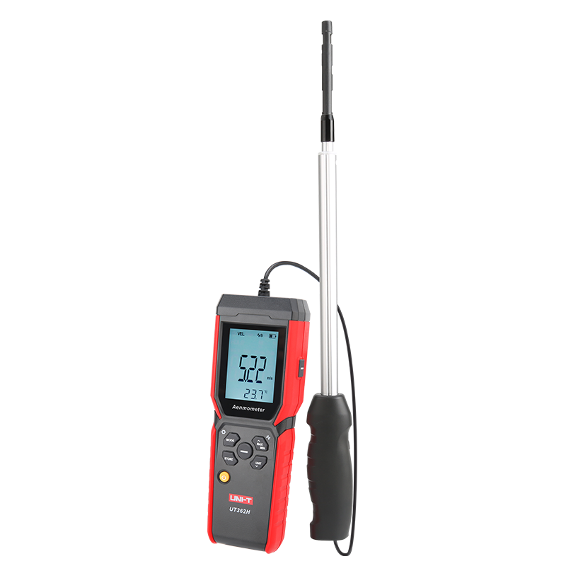 UNI-T UT362H Hot Wire Anemometer – Air Velocity 0–30 m/s, Air Flow / Volume, Temperature, 120 cm Flexible Probe, HVAC Duct Wind Meter, 99-Set Memory - with a red and black handheld display showing 5.22 m/s and 23.7°C, connected to a long, extendable metal probe.