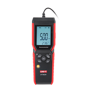 UNI-T UT362H Hot Wire Anemometer – Air Velocity 0–30 m/s, Air Flow / Volume, Temperature, 120 cm Flexible Probe, HVAC Duct Wind Meter, 99-Set Memory - red and black, showing a digital display reading 5.00 m/s and 23.6°C, with control buttons and a top-mounted probe cable.