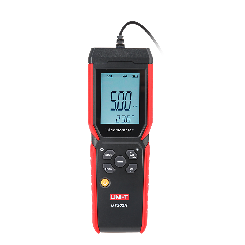 UNI-T UT362H Hot Wire Anemometer – Air Velocity 0–30 m/s, Air Flow / Volume, Temperature, 120 cm Flexible Probe, HVAC Duct Wind Meter, 99-Set Memory - red and black, showing a digital display reading 5.00 m/s and 23.6°C, with control buttons and a top-mounted probe cable.