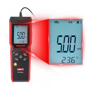 UNI-T UT362H Hot Wire Anemometer – Air Velocity 0–30 m/s, Air Flow / Volume, Temperature, 120 cm Flexible Probe, HVAC Duct Wind Meter, 99-Set Memory - its control buttons, a probe cable, and a magnified view of the screen reading 5.00 m/s.