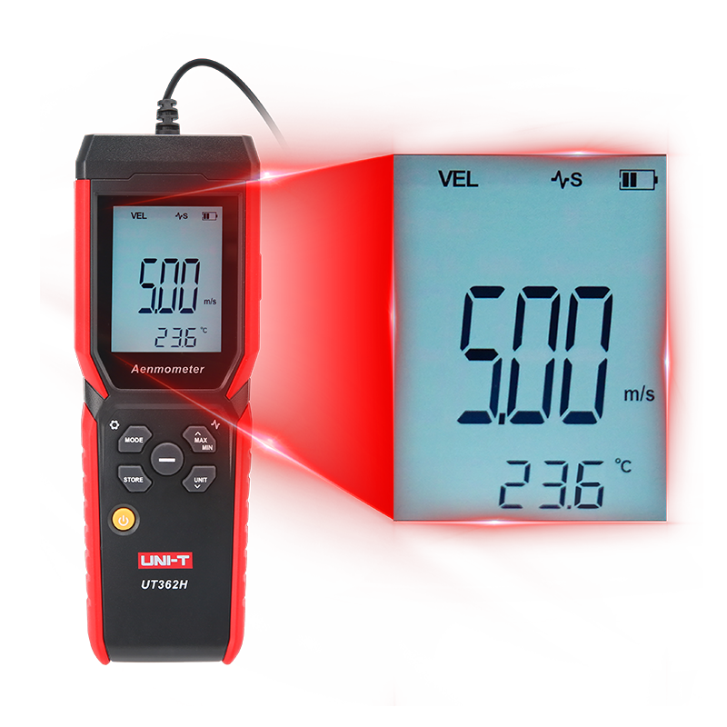 UNI-T UT362H Hot Wire Anemometer – Air Velocity 0–30 m/s, Air Flow / Volume, Temperature, 120 cm Flexible Probe, HVAC Duct Wind Meter, 99-Set Memory - its control buttons, a probe cable, and a magnified view of the screen reading 5.00 m/s.
