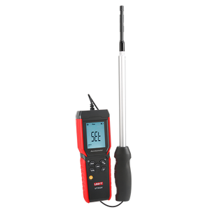 UNI-T UT362H Hot Wire Anemometer – Air Velocity 0–30 m/s, Air Flow / Volume, Temperature, 120 cm Flexible Probe, HVAC Duct Wind Meter, 99-Set Memory - with a red and black handheld unit, a digital display showing "SEL", and a long, telescopic metal probe with a handle.