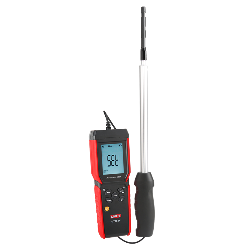 UNI-T UT362H Hot Wire Anemometer – Air Velocity 0–30 m/s, Air Flow / Volume, Temperature, 120 cm Flexible Probe, HVAC Duct Wind Meter, 99-Set Memory - with a red and black handheld unit, a digital display showing "SEL", and a long, telescopic metal probe with a handle.