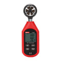 UNI-T UT363 Mini Anemometer Wind Speed Meter – 0–30 m/s, Temperature −10°C to 50°C, ±(5%+0.5), MAX/AVG, Backlit LCD, Compact Handheld - a red handheld device with a top fan, a digital display showing 0.0 m/s and 28.1°C, and four control buttons below.