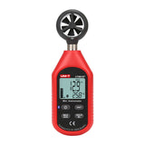 UNI-T UT363BT Mini Bluetooth Anemometer Wind Speed Meter – 0–30 m/s, Temperature −10°C to 50°C, iENV App, ±(5%+0.5), MAX/AVG, Backlit LCD - a red handheld device with a top fan, showing 12.9 m/s and 25.8°C on the LCD screen with control buttons below.
