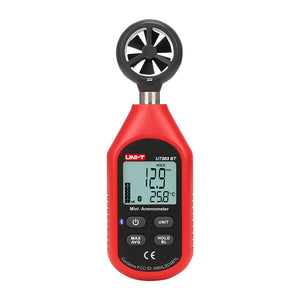 UNI-T UT363BT Mini Bluetooth Anemometer Wind Speed Meter – 0–30 m/s, Temperature −10°C to 50°C, iENV App, ±(5%+0.5), MAX/AVG, Backlit LCD - a red handheld device with a top fan, showing 12.9 m/s and 25.8°C on the LCD screen with control buttons below.