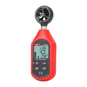 UNI-T UT363BT Mini Bluetooth Anemometer Wind Speed Meter – 0–30 m/s, Temperature −10°C to 50°C, iENV App, ±(5%+0.5), MAX/AVG, Backlit LCD - red, showing a digital display reading 12.9 m/s and 25.8°C, with control buttons and a top wind sensor fan.