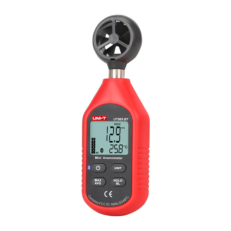 UNI-T UT363BT Mini Bluetooth Anemometer Wind Speed Meter – 0–30 m/s, Temperature −10°C to 50°C, iENV App, ±(5%+0.5), MAX/AVG, Backlit LCD - red, showing a digital display reading 12.9 m/s and 25.8°C, with control buttons and a top wind sensor fan.