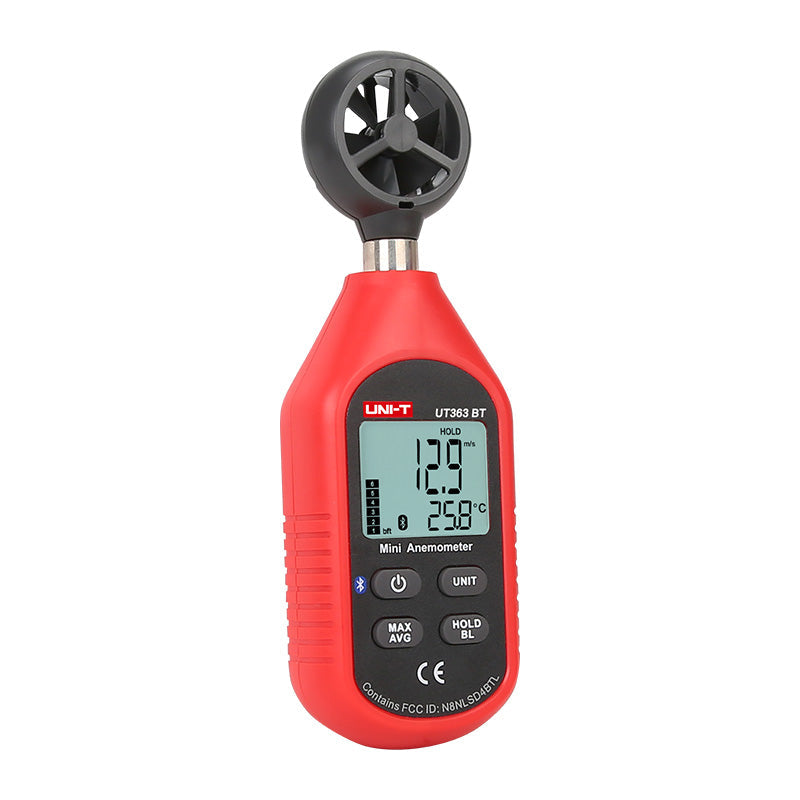 UNI-T UT363BT Mini Bluetooth Anemometer Wind Speed Meter – 0–30 m/s, Temperature −10°C to 50°C, iENV App, ±(5%+0.5), MAX/AVG, Backlit LCD - red and black, showing a digital display reading 12.9 m/s and 25.8°C with control buttons and a top wind sensor.