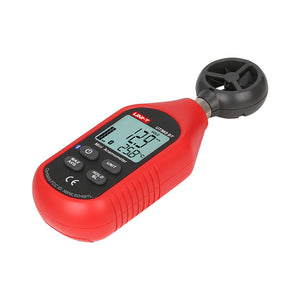 UNI-T UT363BT Mini Bluetooth Anemometer Wind Speed Meter – 0–30 m/s, Temperature −10°C to 50°C, iENV App, ±(5%+0.5), MAX/AVG, Backlit LCD - its fan, four control buttons, and a digital display reading 12.9 m/s and 25.8°C.