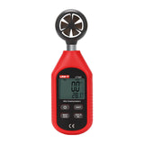 UNI-T UT363S Mini Anemometer – Wind Speed 0~30 m/s, Temperature, Beaufort 0~12, MAX/AVG, Pocket Handheld - a red handheld device with a top wind sensor and a digital display showing 0.0 m/s and 28.1°C with four control buttons.