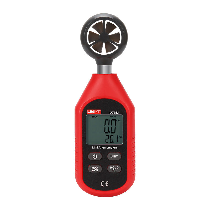 UNI-T UT363S Mini Anemometer – Wind Speed 0~30 m/s, Temperature, Beaufort 0~12, MAX/AVG, Pocket Handheld - a red handheld device with a top wind sensor and a digital display showing 0.0 m/s and 28.1°C with four control buttons.