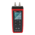 UNI-T UT366A Digital Differential Pressure Manometer – 0 to ±15 kPa, 13 Units, Air Velocity, ±0.5% FS, Dual Ports, HVAC Gas Pressure Gauge - in red and black, showing two top metal ports, a digital display reading 11.13 and 0.00, and several control buttons.
