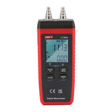 UNI-T UT366A Digital Differential Pressure Manometer – 0 to ±15 kPa, 13 Units, Air Velocity, ±0.5% FS, Dual Ports, HVAC Gas Pressure Gauge - in red and black, showing two top metal ports, a digital display reading 11.13 and 0.00, and several control buttons.