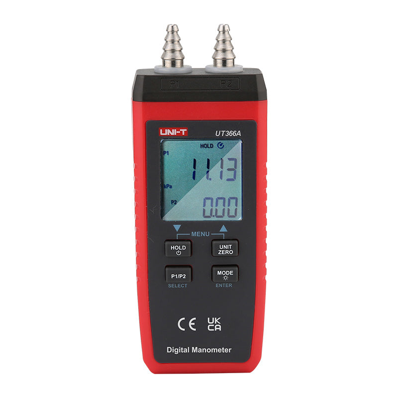 UNI-T UT366A Digital Differential Pressure Manometer – 0 to ±15 kPa, 13 Units, Air Velocity, ±0.5% FS, Dual Ports, HVAC Gas Pressure Gauge - in red and black, showing two top metal ports, a digital display reading 11.13 and 0.00, and several control buttons.