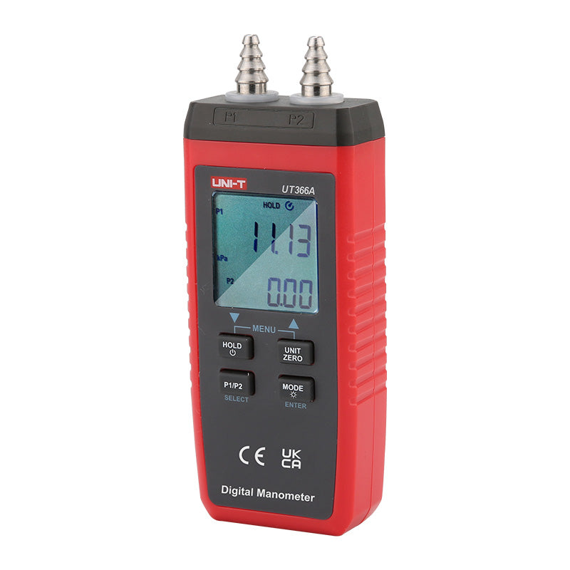UNI-T UT366A Digital Differential Pressure Manometer – 0 to ±15 kPa, 13 Units, Air Velocity, ±0.5% FS, Dual Ports, HVAC Gas Pressure Gauge - a handheld red and black device with two top ports, a digital display showing 11.13 and 0.00, and four control buttons.
