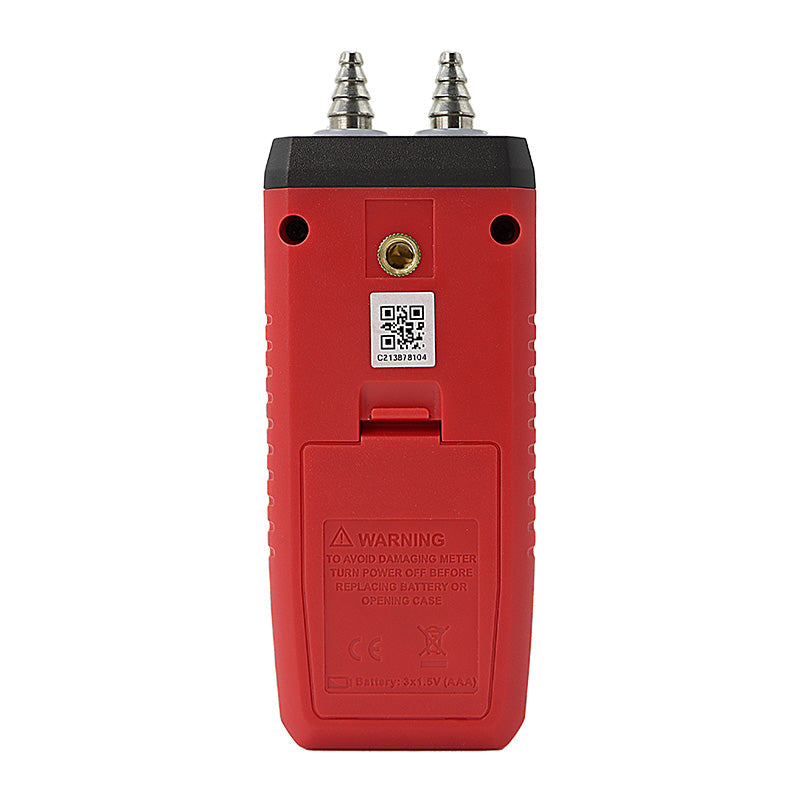UNI-T UT366A Digital Differential Pressure Manometer – 0 to ±15 kPa, 13 Units, Air Velocity, ±0.5% FS, Dual Ports, HVAC Gas Pressure Gauge - shown from the back, featuring a red casing, two metal pressure ports, and a battery compartment.