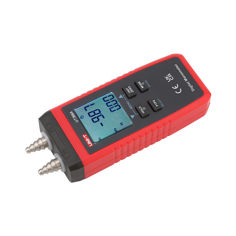 UNI-T UT366A Digital Differential Pressure Manometer – 0 to ±15 kPa, 13 Units, Air Velocity, ±0.5% FS, Dual Ports, HVAC Gas Pressure Gauge - a red handheld device with two pressure ports, a digital screen showing -9.87 and 0.00, and six control buttons.