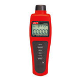 UNI-T UT371 Non-Contact Laser Tachometer – Photo RPM 10~99,999, ±(0.04%+2), Counting Mode, 50–200 mm Range, MAX/MIN/AVG, Backlit LCD - a red handheld device with a backlit LCD displaying 0.0000 and 01:19 RPM, featuring six control buttons.