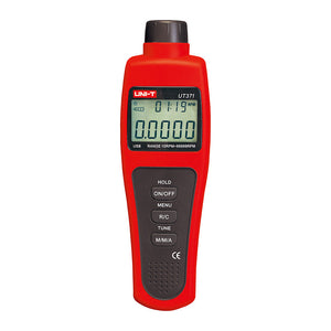 UNI-T UT371 Non-Contact Laser Tachometer – Photo RPM 10~99,999, ±(0.04%+2), Counting Mode, 50–200 mm Range, MAX/MIN/AVG, Backlit LCD - a red handheld device with a backlit LCD displaying 0.0000 and 01:19 RPM, featuring six control buttons.