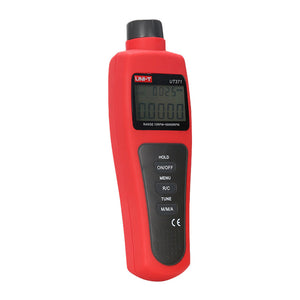 UNI-T UT371 Non-Contact Laser Tachometer – Photo RPM 10~99,999, ±(0.04%+2), Counting Mode, 50–200 mm Range, MAX/MIN/AVG, Backlit LCD - a backlit LCD screen showing 0.0000 and six control buttons on a black panel.