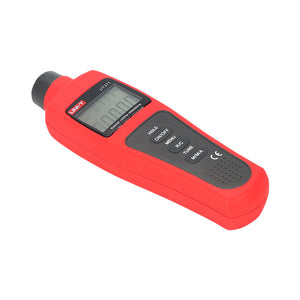 UNI-T UT371 Non-Contact Laser Tachometer – Photo RPM 10~99,999, ±(0.04%+2), Counting Mode, 50–200 mm Range, MAX/MIN/AVG, Backlit LCD - a red handheld device with a black control panel featuring six buttons and a backlit LCD showing zeros.