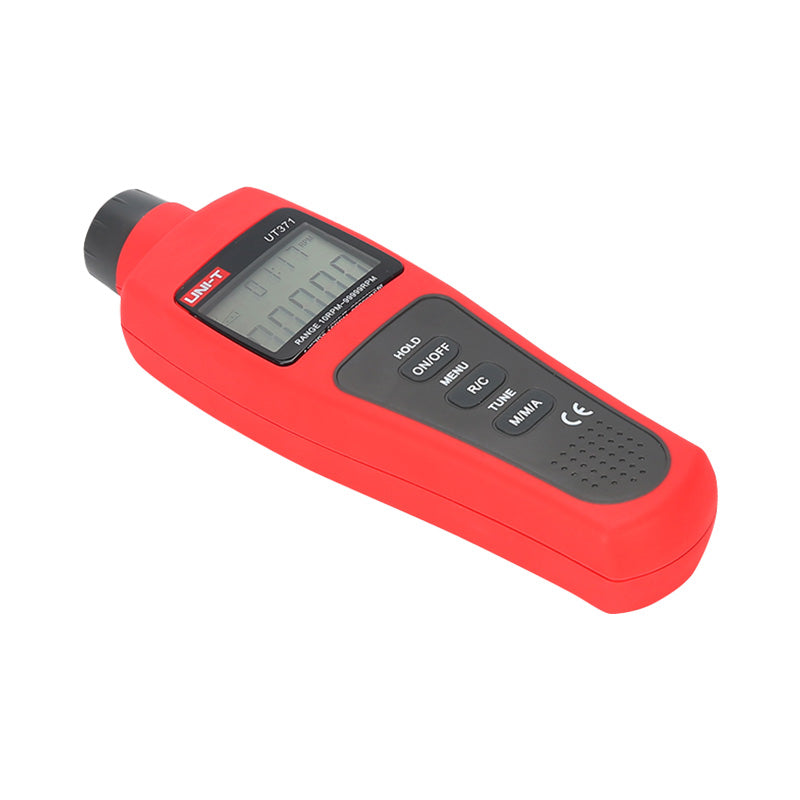 UNI-T UT371 Non-Contact Laser Tachometer – Photo RPM 10~99,999, ±(0.04%+2), Counting Mode, 50–200 mm Range, MAX/MIN/AVG, Backlit LCD - a red handheld device with a black control panel featuring six buttons and a backlit LCD showing zeros.