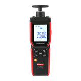 UNI-T UT372D 2-in-1 Contact & Non-Contact Tachometer – Photo RPM 1–99,999, Contact RPM, Surface Speed & Length, Bluetooth iENV App, ±0.02% - a digital display reading 250.6 m/min, a top contact wheel, and control buttons on the front panel.
