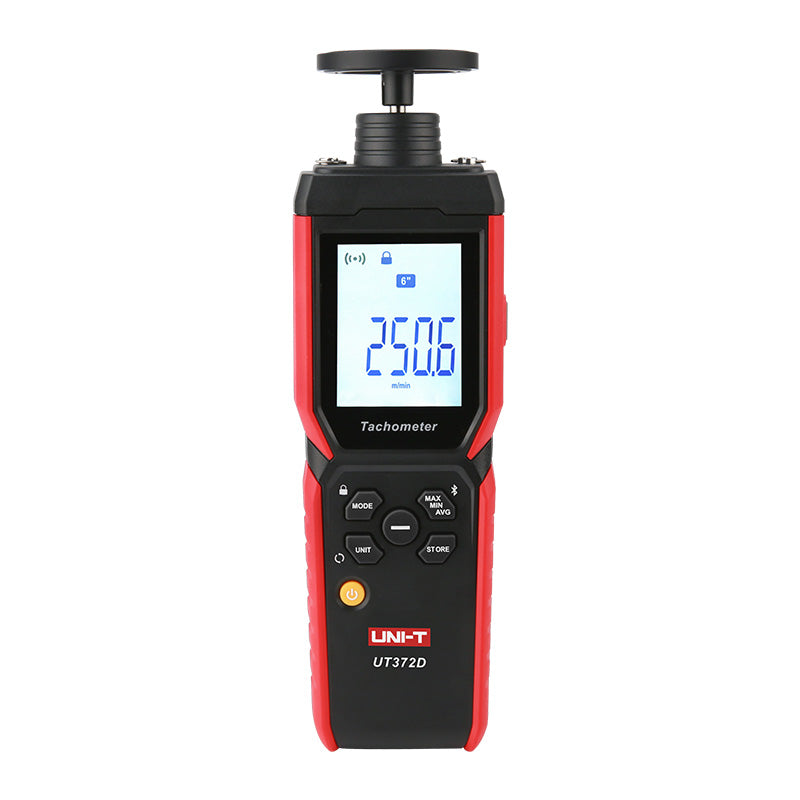 UNI-T UT372D 2-in-1 Contact & Non-Contact Tachometer – Photo RPM 1–99,999, Contact RPM, Surface Speed & Length, Bluetooth iENV App, ±0.02% - a digital display reading 250.6 m/min, a top contact wheel, and control buttons on the front panel.
