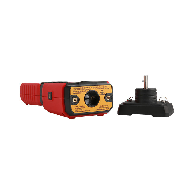 UNI-T UT372D 2-in-1 Contact & Non-Contact Tachometer – Photo RPM 1–99,999, Contact RPM, Surface Speed & Length, Bluetooth iENV App, ±0.02% - shown with its red and black main body separated from the black contact measurement attachment.