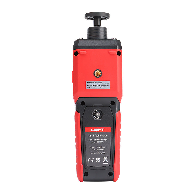 UNI-T UT372D 2-in-1 Contact & Non-Contact Tachometer – Photo RPM 1–99,999, Contact RPM, Surface Speed & Length, Bluetooth iENV App, ±0.02% - rear view showing the red and black plastic housing, a tripod mount, battery compartment, and technical specification label.