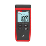 UNI-T UT373 Mini Digital Laser Tachometer – Non-Contact Photo RPM 10–99,999, ±(0.04%+2), Counting Mode, 50–200 mm, Backlit LCD, Pocket Size - a red handheld device with a backlit LCD screen displaying 160.9 RPM, four control buttons, and a laser indicator icon.