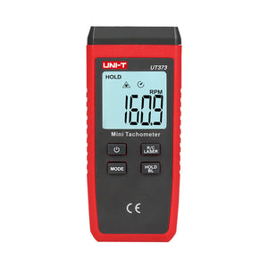 UNI-T UT373 Mini Digital Laser Tachometer – Non-Contact Photo RPM 10–99,999, ±(0.04%+2), Counting Mode, 50–200 mm, Backlit LCD, Pocket Size - a red handheld device with a backlit LCD screen displaying 160.9 RPM, four control buttons, and a laser indicator icon.