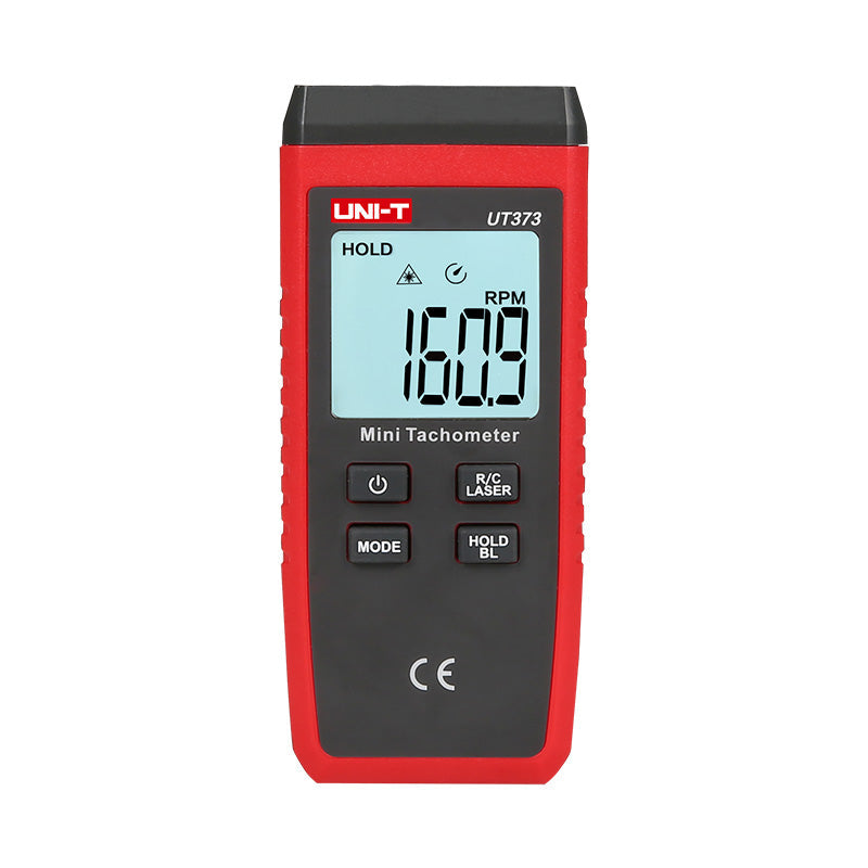 UNI-T UT373 Mini Digital Laser Tachometer – Non-Contact Photo RPM 10–99,999, ±(0.04%+2), Counting Mode, 50–200 mm, Backlit LCD, Pocket Size - a red handheld device with a backlit LCD screen displaying 160.9 RPM, four control buttons, and a laser indicator icon.