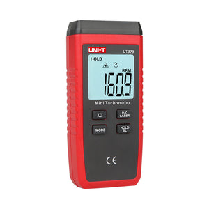 UNI-T UT373 Mini Digital Laser Tachometer – Non-Contact Photo RPM 10–99,999, ±(0.04%+2), Counting Mode, 50–200 mm, Backlit LCD, Pocket Size - a red and black handheld device with a backlit LCD screen displaying 160.9 RPM and four control buttons on the front.